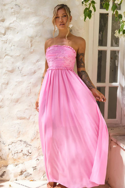 Elegant Strapless Lace Applique Open Back Ruffle Bow A Line Maxi Prom Dress For Formal Evening Gala Wedding Guest Bridesmaid Vacation