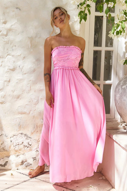 Elegant Strapless Lace Applique Open Back Ruffle Bow A Line Maxi Prom Dress For Formal Evening Gala Wedding Guest Bridesmaid Vacation