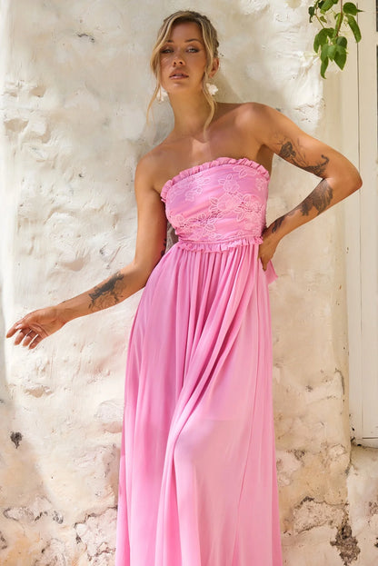Elegant Strapless Lace Applique Open Back Ruffle Bow A Line Maxi Prom Dress For Formal Evening Gala Wedding Guest Bridesmaid Vacation