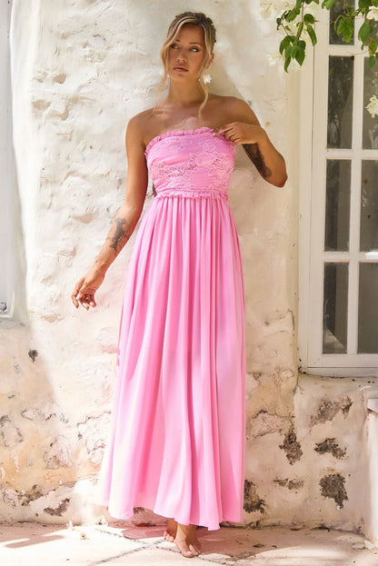 Elegant Strapless Lace Applique Open Back Ruffle Bow A Line Maxi Prom Dress For Formal Evening Gala Wedding Guest Bridesmaid Vacation