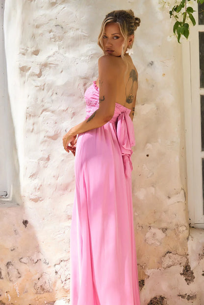 Elegant Strapless Lace Applique Open Back Ruffle Bow A Line Maxi Prom Dress For Formal Evening Gala Wedding Guest Bridesmaid Vacation