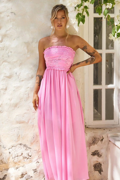 Elegant Strapless Lace Applique Open Back Ruffle Bow A Line Maxi Prom Dress For Formal Evening Gala Wedding Guest Bridesmaid Vacation