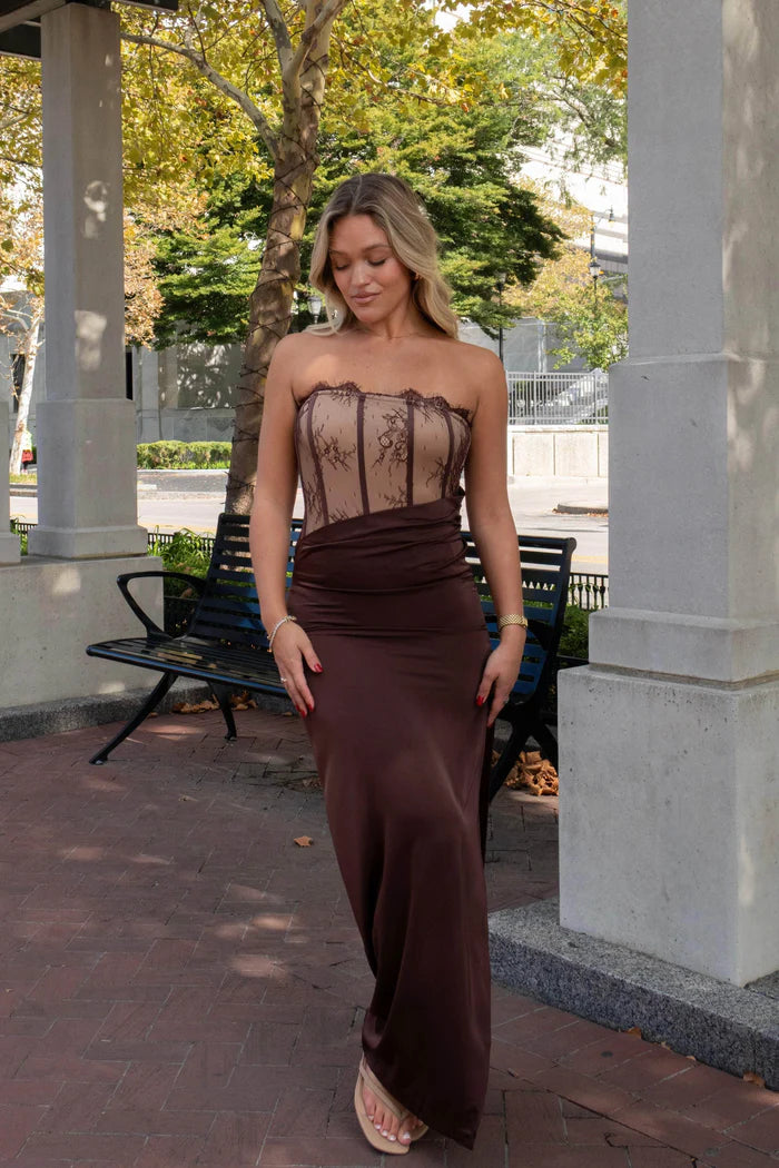 Elegant Strapless Lace Corset Satin Bodycon Maxi Prom Dress For Wedding Guest Bridal Shower Formal Evening