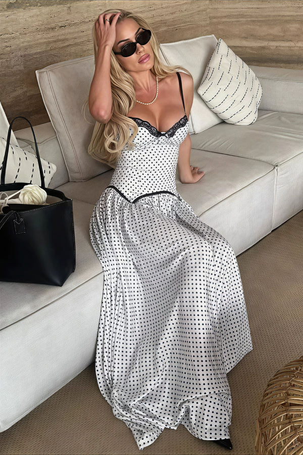 Elegant Strapless Lace Trim Polka Dot Corset Bodice A Line Maxi Prom Dress For Wedding Guest Bridal Shower Formal Evening