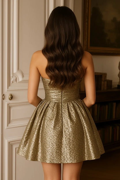 Elegant Strapless Metallic Gold A Line Mini Homecoming Dress With Waist Bow For Cocktail Party Bridal Shower