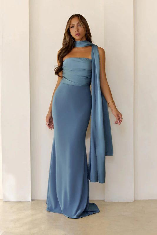 Elegant Strapless Open Back Bow Detail Draped Scarf Satin Mermaid Maxi Evening Dress For Formal Evening Prom Wedding Guest Bridesmaid Cocktail Party Gala