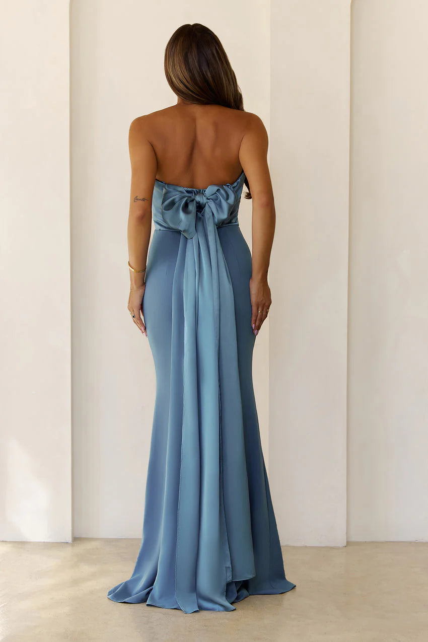 Elegant Strapless Open Back Bow Detail Draped Scarf Satin Mermaid Maxi Evening Dress For Formal Evening Prom Wedding Guest Bridesmaid Cocktail Party Gala