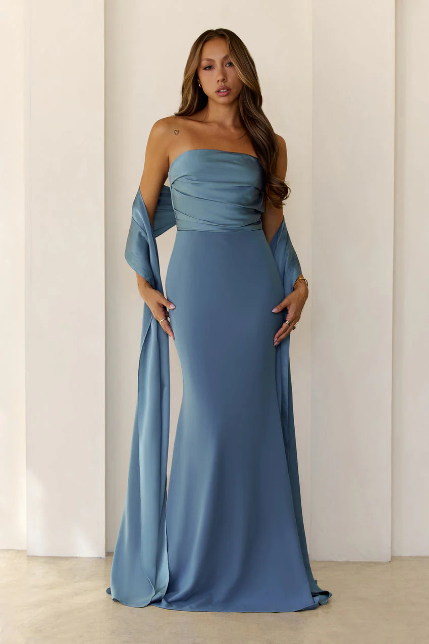 Elegant Strapless Open Back Bow Detail Draped Scarf Satin Mermaid Maxi Evening Dress For Formal Evening Prom Wedding Guest Bridesmaid Cocktail Party Gala
