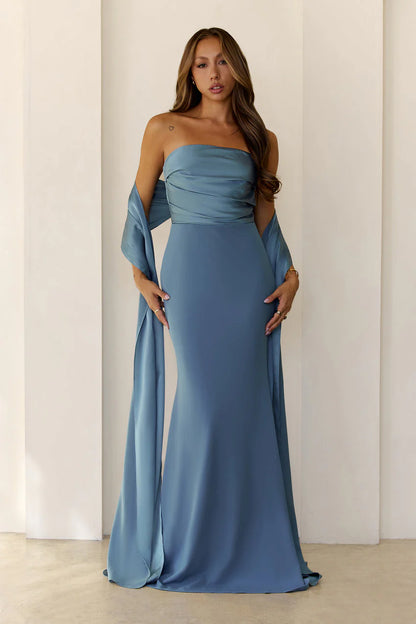 Elegant Strapless Open Back Bow Detail Draped Scarf Satin Mermaid Maxi Evening Dress For Formal Evening Prom Wedding Guest Bridesmaid Cocktail Party Gala