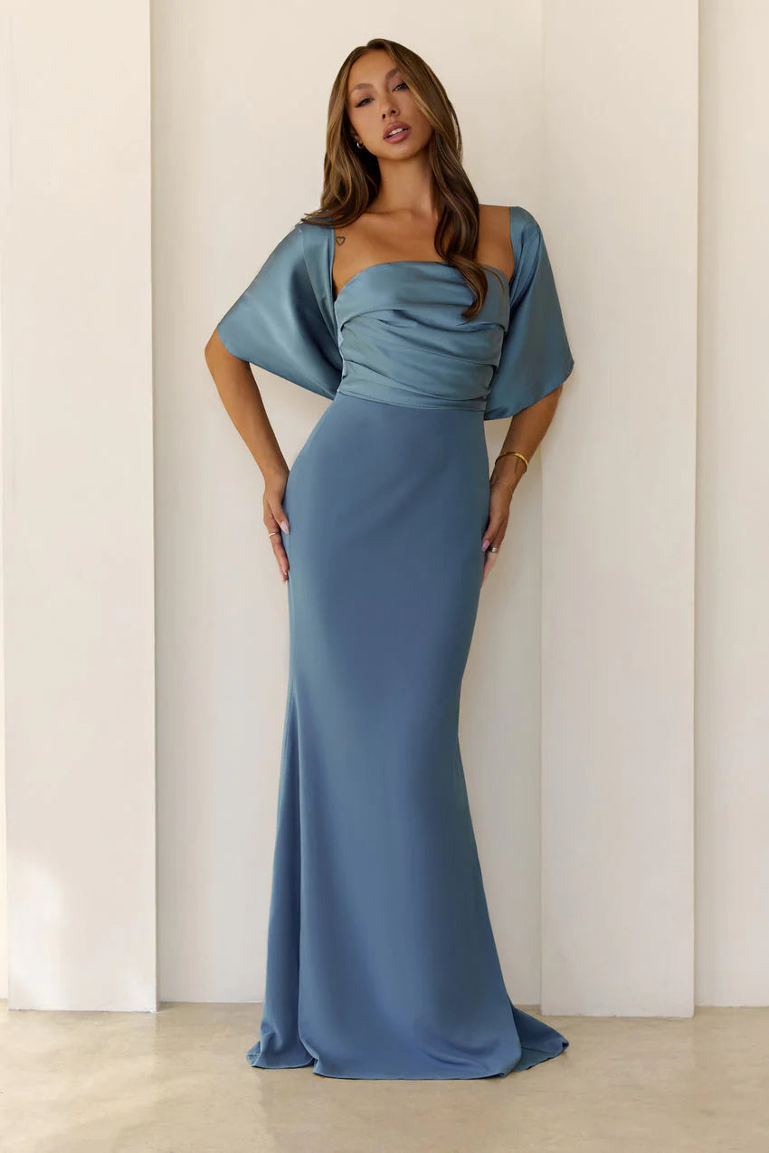 Elegant Strapless Open Back Bow Detail Draped Scarf Satin Mermaid Maxi Evening Dress For Formal Evening Prom Wedding Guest Bridesmaid Cocktail Party Gala