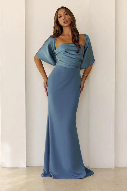 Elegant Strapless Open Back Bow Detail Draped Scarf Satin Mermaid Maxi Evening Dress For Formal Evening Prom Wedding Guest Bridesmaid Cocktail Party Gala