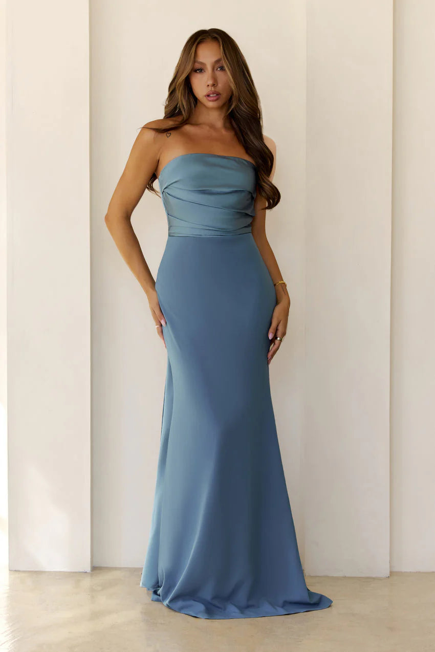 Elegant Strapless Open Back Bow Detail Draped Scarf Satin Mermaid Maxi Evening Dress For Formal Evening Prom Wedding Guest Bridesmaid Cocktail Party Gala