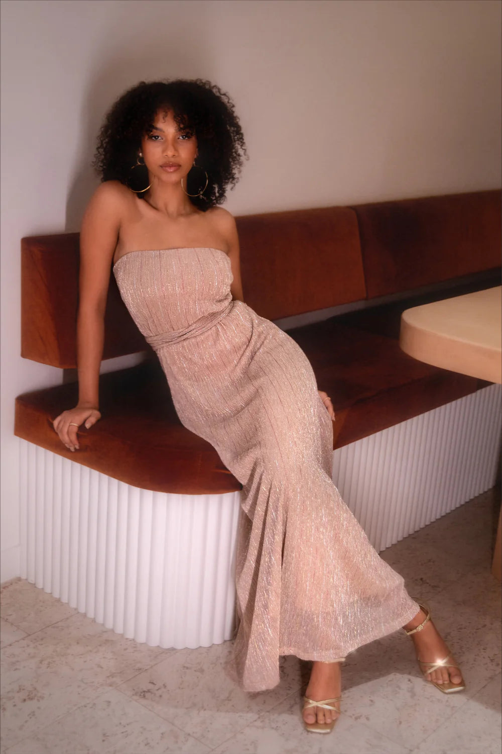 Elegant Strapless Pleated Lurex Maxi Prom Dress For Formal Evening Wedding Guest Bridesmaid Cocktail Party