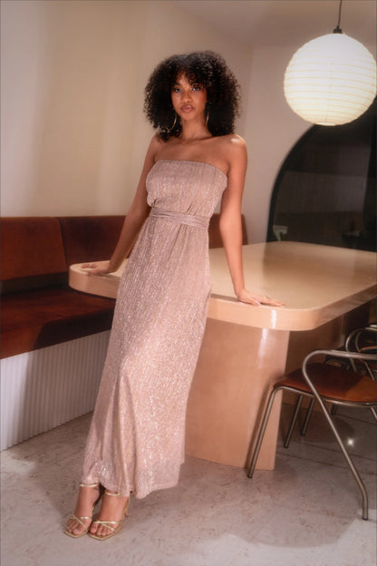 Elegant Strapless Pleated Lurex Maxi Prom Dress For Formal Evening Wedding Guest Bridesmaid Cocktail Party