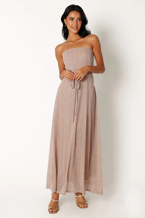 Elegant Strapless Pleated Lurex Maxi Prom Dress For Formal Evening Wedding Guest Bridesmaid Cocktail Party