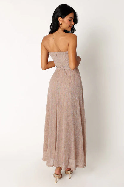 Elegant Strapless Pleated Lurex Maxi Prom Dress For Formal Evening Wedding Guest Bridesmaid Cocktail Party