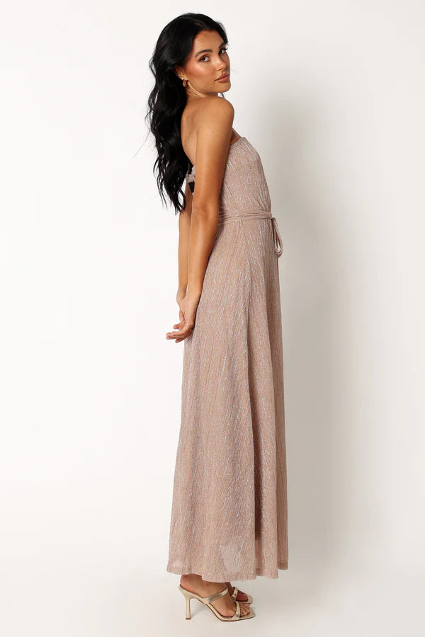 Elegant Strapless Pleated Lurex Maxi Prom Dress For Formal Evening Wedding Guest Bridesmaid Cocktail Party