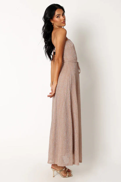 Elegant Strapless Pleated Lurex Maxi Prom Dress For Formal Evening Wedding Guest Bridesmaid Cocktail Party