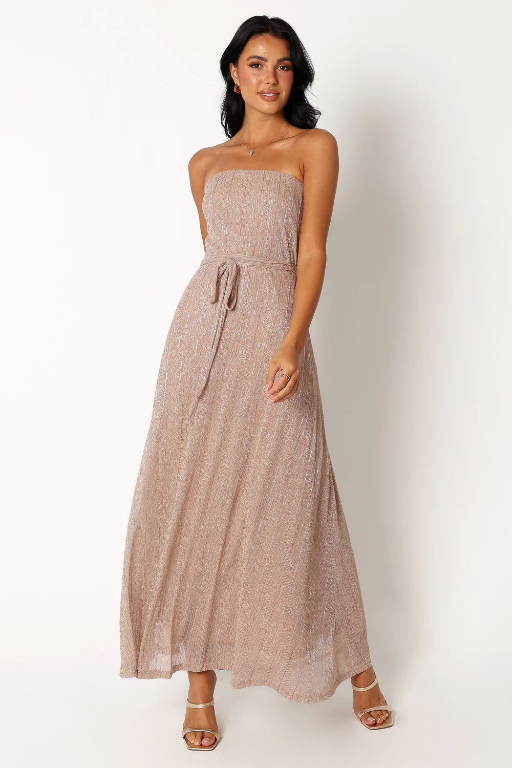 Elegant Strapless Pleated Lurex Maxi Prom Dress For Formal Evening Wedding Guest Bridesmaid Cocktail Party