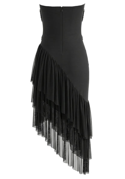 Elegant Strapless Rhinestone Embellished Asymmetrical Ruffle Tulle Midi Prom Dress