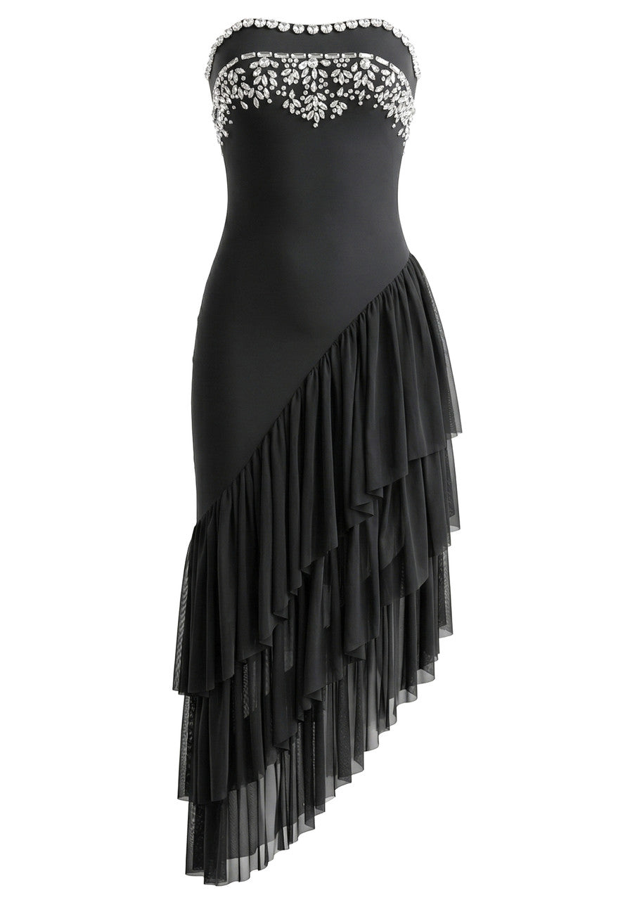 Elegant Strapless Rhinestone Embellished Asymmetrical Ruffle Tulle Midi Prom Dress
