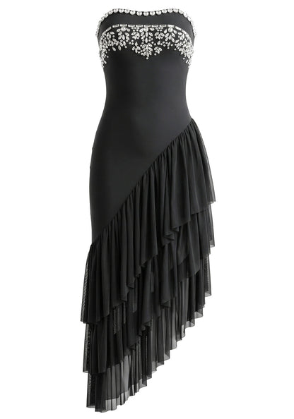 Elegant Strapless Rhinestone Embellished Asymmetrical Ruffle Tulle Midi Prom Dress