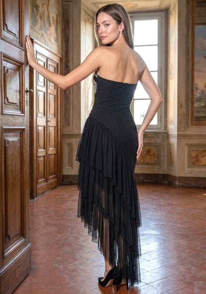 Elegant Strapless Rhinestone Embellished Asymmetrical Ruffle Tulle Midi Prom Dress