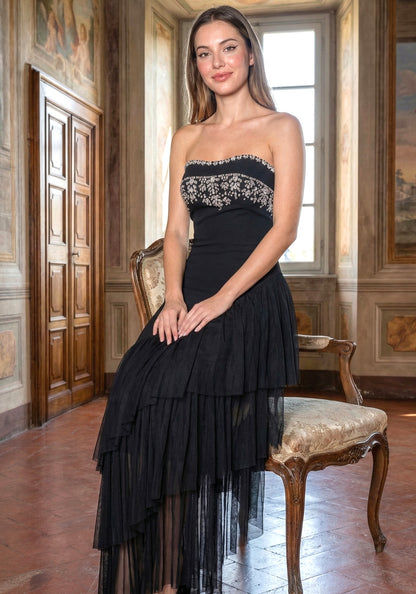 Elegant Strapless Rhinestone Embellished Asymmetrical Ruffle Tulle Midi Prom Dress