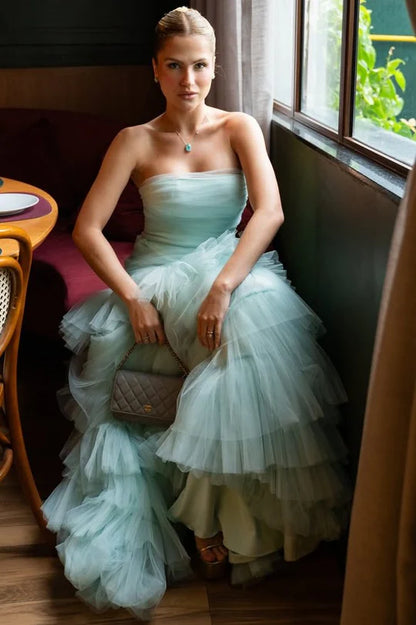 Elegant Strapless Ruched Bodice Tiered Ruffle Tulle Mermaid Evening Dress For Formal Evening Gala Wedding Guest Prom Red Carpet Event