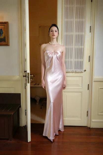 Elegant Strapless Ruched Bust Cowl Back Bow Detail Satin Bodycon Maxi Prom Dress For Formal Evening Wedding Guest