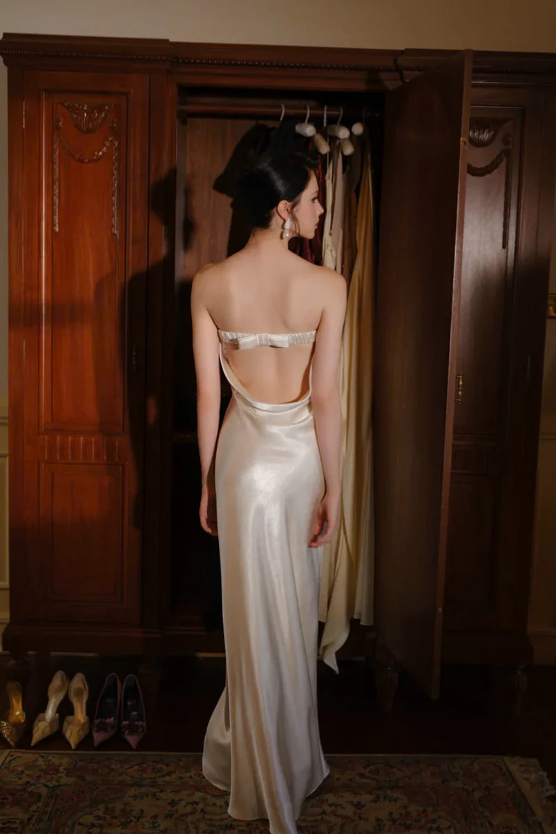 Elegant Strapless Ruched Bust Cowl Back Bow Detail Satin Bodycon Maxi Prom Dress For Formal Evening Wedding Guest