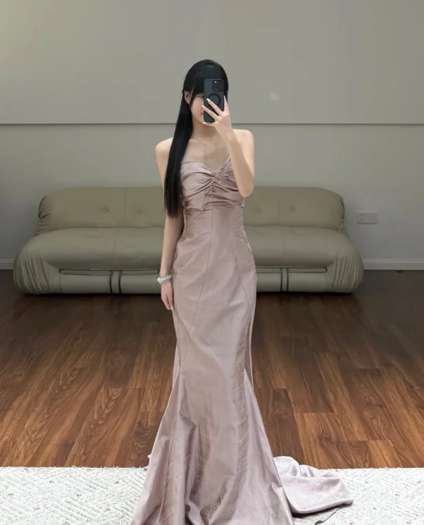 Elegant Strapless Ruched Satin Mermaid High Slit Prom Dress with Train