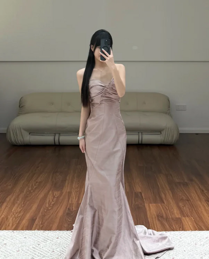 Elegant Strapless Ruched Satin Mermaid High Slit Prom Dress with Train