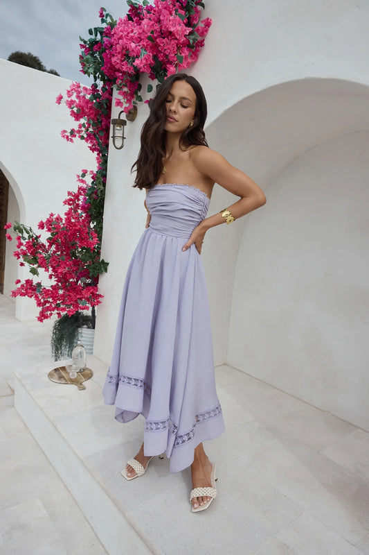 Elegant Strapless Ruched Shirred Backless Lace Trim High Low Midi Prom Dress For Wedding Guest Bridal Shower Formal Evening