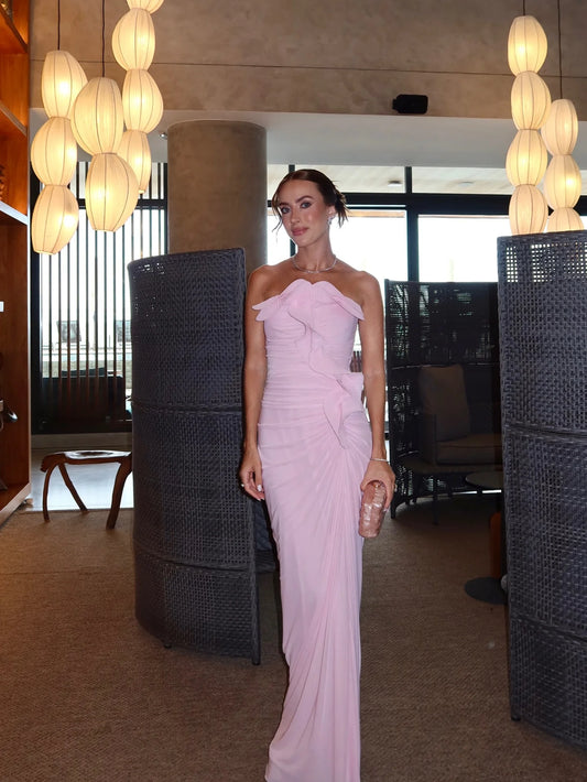 Elegant Strapless Ruffle Detail Ruched Bodycon Maxi Prom Dress For Formal Evening Wedding Guest