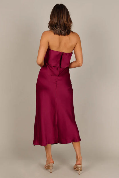 Elegant Strapless Ruffle Detail Satin Midi Prom Dress With Slit For Formal Evening Wedding Guest Bridesmaid Cocktail Party
