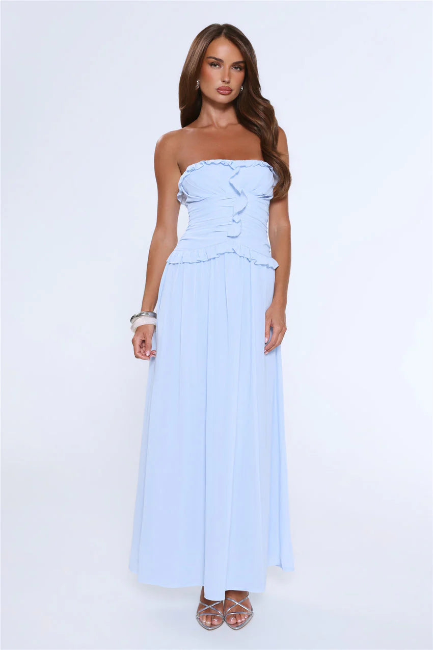Elegant Strapless Ruffle Trim Smocked Back Ruched Bodice A Line Maxi Evening Dress For Formal Evening Prom Wedding Guest Bridesmaid Beach Wedding Cocktail Party Gala