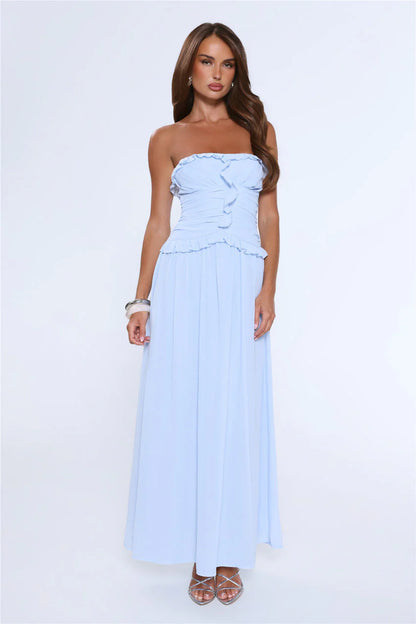 Elegant Strapless Ruffle Trim Smocked Back Ruched Bodice A Line Maxi Evening Dress For Formal Evening Prom Wedding Guest Bridesmaid Beach Wedding Cocktail Party Gala