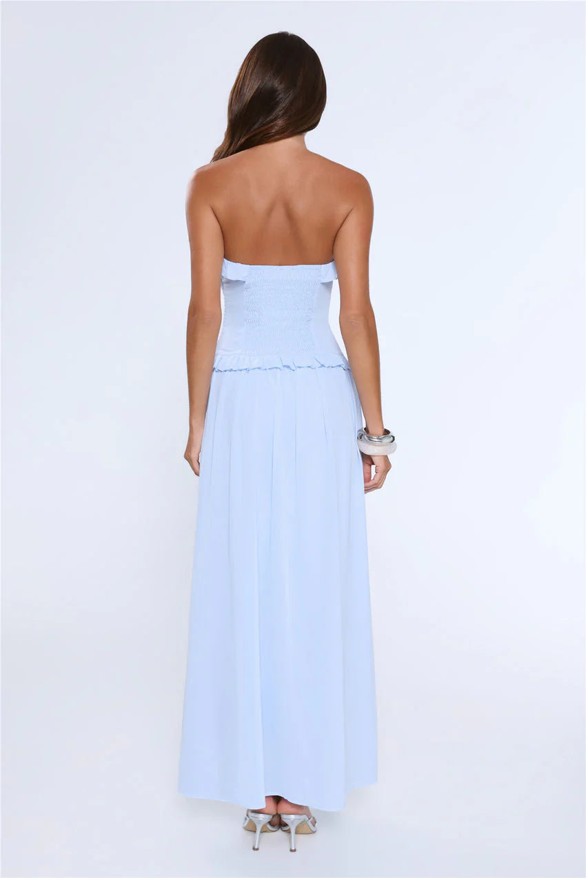 Elegant Strapless Ruffle Trim Smocked Back Ruched Bodice A Line Maxi Evening Dress For Formal Evening Prom Wedding Guest Bridesmaid Beach Wedding Cocktail Party Gala