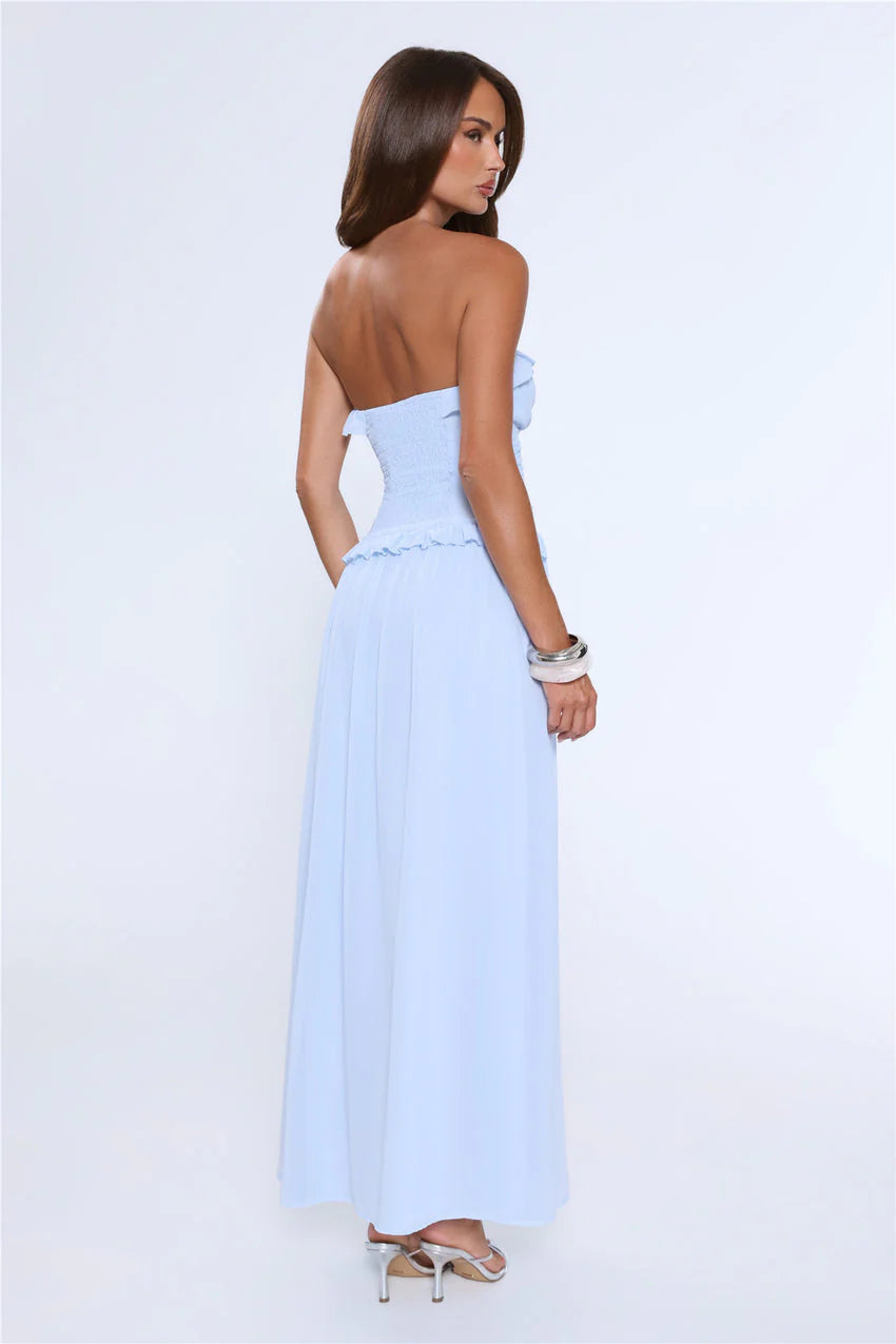Elegant Strapless Ruffle Trim Smocked Back Ruched Bodice A Line Maxi Evening Dress For Formal Evening Prom Wedding Guest Bridesmaid Beach Wedding Cocktail Party Gala