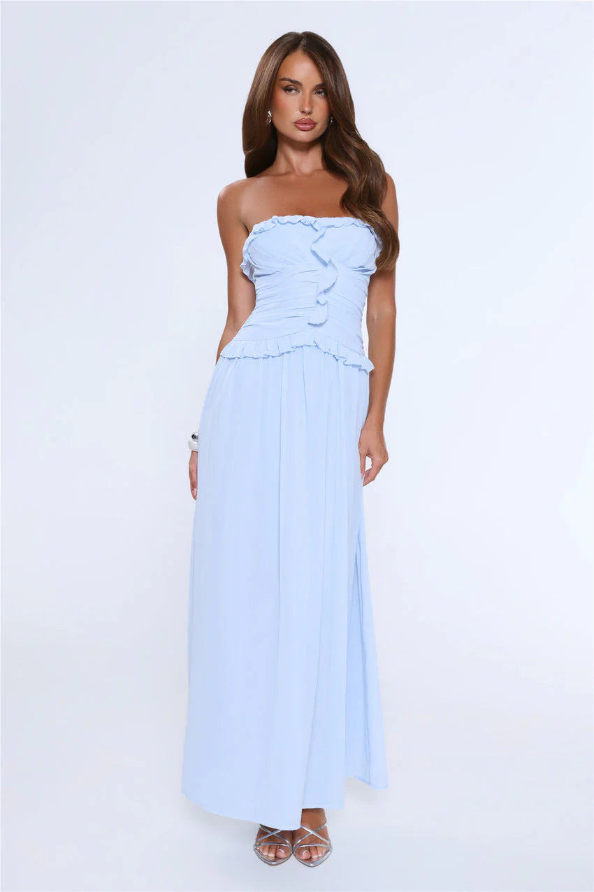 Elegant Strapless Ruffle Trim Smocked Back Ruched Bodice A Line Maxi Evening Dress For Formal Evening Prom Wedding Guest Bridesmaid Beach Wedding Cocktail Party Gala