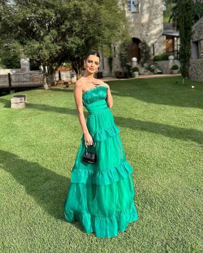 Elegant Strapless Ruffled Tiered Emerald Green Organza Evening Dress
