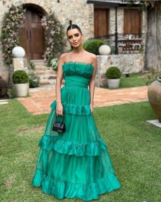 Elegant Strapless Ruffled Tiered Emerald Green Organza Evening Dress