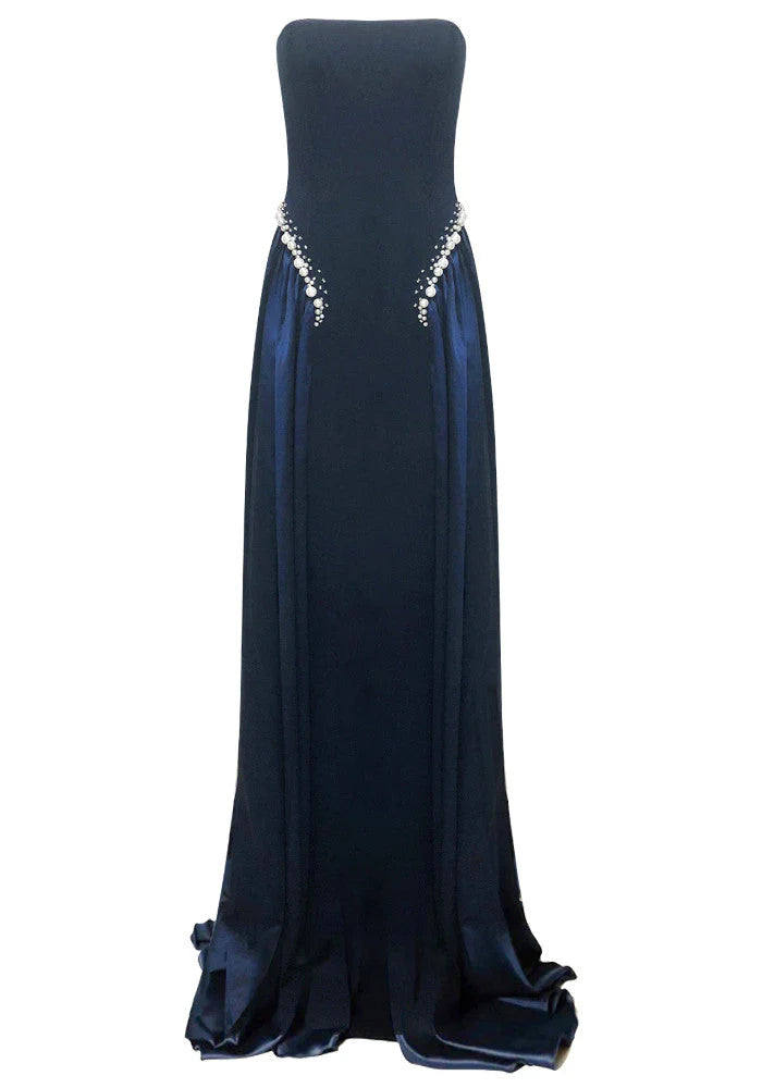 Elegant Strapless Satin Pearl Embellished Lace Up Back A Line Maxi Prom Dress For Formal Evening Wedding Guest