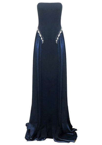 Elegant Strapless Satin Pearl Embellished Lace Up Back A Line Maxi Prom Dress For Formal Evening Wedding Guest