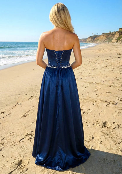 Elegant Strapless Satin Pearl Embellished Lace Up Back A Line Maxi Prom Dress For Formal Evening Wedding Guest
