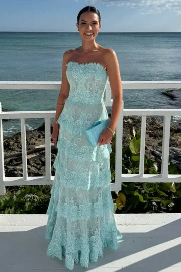 Elegant Strapless Scalloped Edge Bodice 3D Floral Lace Appliqué Tiered Ruffle A Line Tulle Evening Dress For Formal Evening Prom Wedding Guest Bridesmaid Beach Wedding Gala