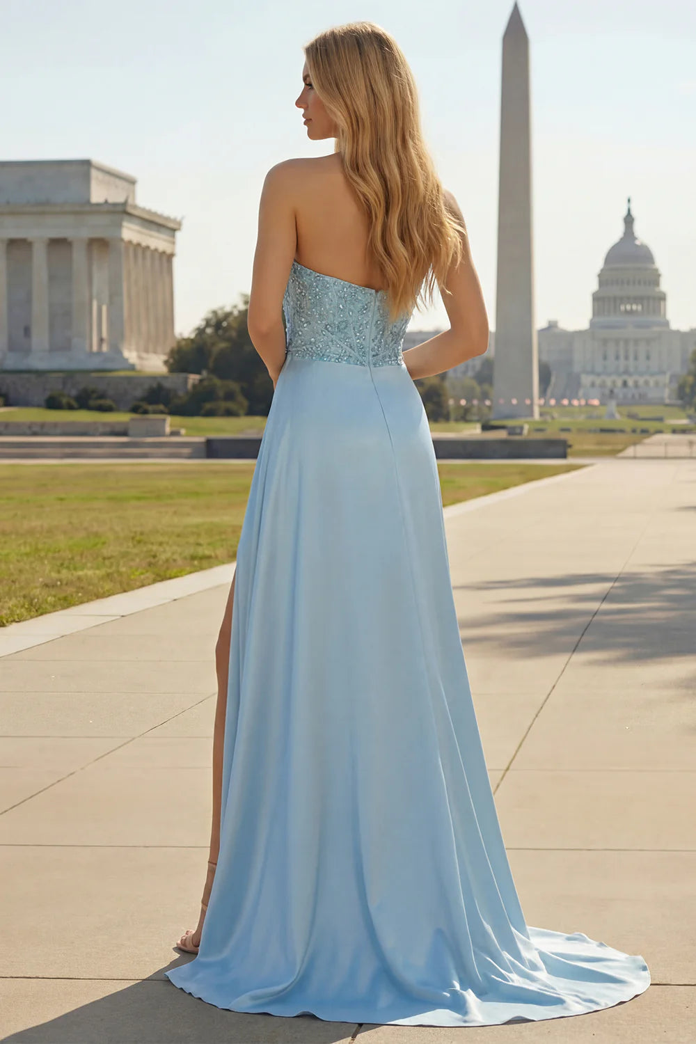 Elegant Strapless Sky Blue Satin Gown with Beaded Embellished Bodice Ruched Waist Side Slit and Sweep Train Prom Dress