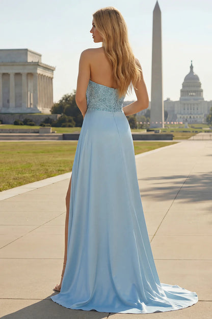 Elegant Strapless Sky Blue Satin Gown with Beaded Embellished Bodice Ruched Waist Side Slit and Sweep Train Prom Dress