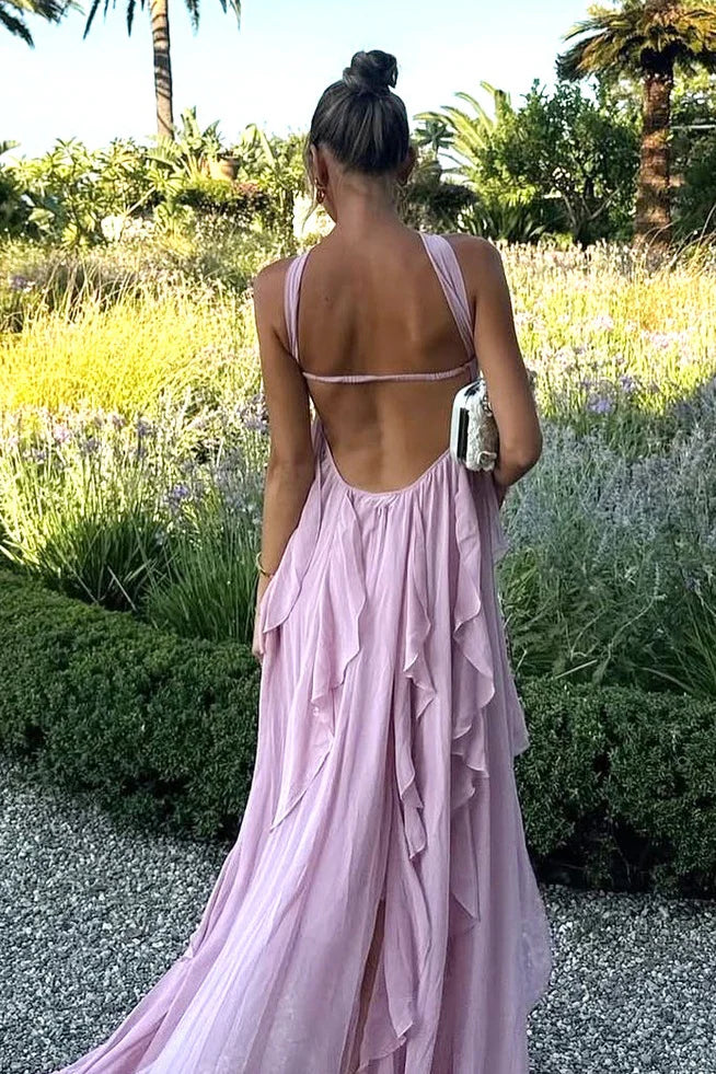 Elegant Strapless Starfish Detail Tiered Ruffle Chiffon Backless Maxi Prom Dress